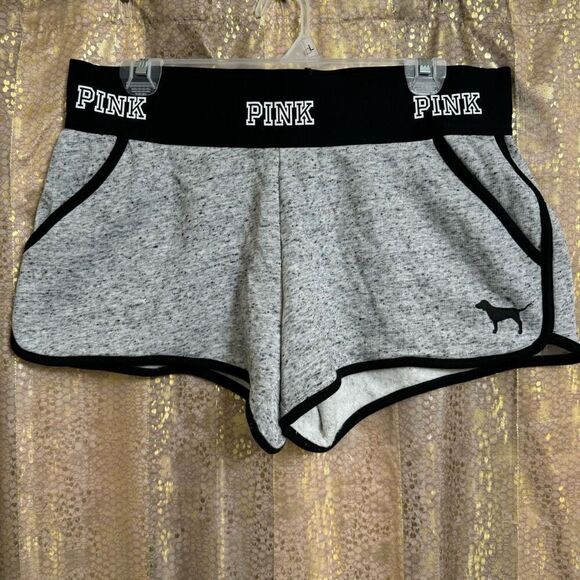 PINK Victorias Secret Grey Black Varsity Dolphin Style Shorts Large - Picture 1 of 7